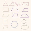 A set of flat geometric shapes triangles, quadrilaterals, ellipse, circle, hexagon